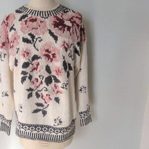 Hand Knit by Studio One Sweater in Beige with Large Pink Roses
